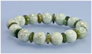 Celadon and Olive Green Jade Bracelet, the celadon green jade 12-13mm round beads, interspaced with