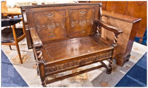 Carved Oak Monks Bench, Hinged Box Seat And Table Top Back Rest, With Barley Twist Supports. Height