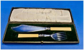 A Boxed Pair Of Bone Handle And Silver Banded Fish Servers. Hallmark Sheffield 1915. Unused