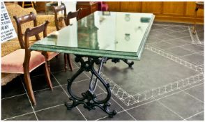 Extremely Large Green Marble Topped Cast Iron Table. Finely figured grained green marble top with