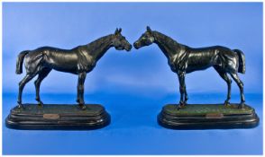 French 19th Century Pair Of Fine Spelter RaceHorse Figures named Gladiateur & Vermont. Raised on