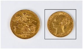 Victorian 22ct Gold Young Head Full Sovereign, date 1875. Sydney Mint.  N.E.F. condition. 7.99