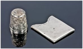 Silver Thimble Together With A Silver Stamp Holder, Fully Hallmarked