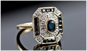 9ct Art Deco Style Ring Set With Calibre Cut Sapphires And Round Diamonds, Fully Hallmarked, Ring