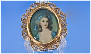 Early To Mid 20thC Portrait Miniature On Ivory, Depicting A Young Woman, Long Hair, Wearing Blue.