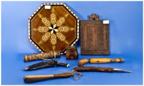 Collection Of Wooden Ware Comprising Carved Quill Holder, Miniature Truncheon, Octagonal Plaque,