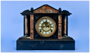 Ansonia Clock Company Black Slate Clock, architectural design. White chapter ring. Roman numerals.