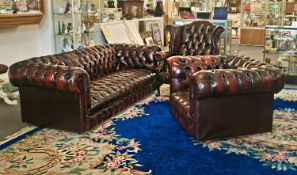 Leather Button Back Chesterfield Two Seater Sofa And Tub Chair With Footstool. Height 29 Inches,