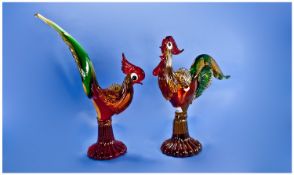 Murano 1960`s Multi Coloured Large Figures of Cockerels, 2 in total. Height 15.5 inches and 19.5