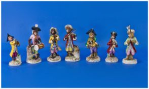 Stizendorf Hand Painted 7 Piece Monkey Band Figures. c.1890. Sizes from 5 to 5.5 inches tall.