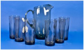 Whitefriars 1970`s Water Set, Jug & 6 glasses in `sea green`