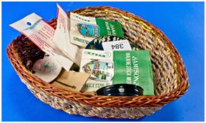 Basket containing assorted items including compact, wine labels, thimbles etc