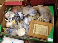 A Box Of Collectables That Are Mostly Ceramic. Includes old dominoes, etc.