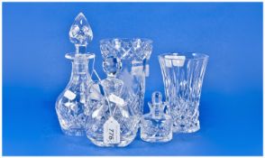 Collection Of Glass Comprising perfume bottle & stoppers, 2 small vases & decanter & stopper. (5)