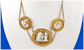 Victorian Finely Carved Shell Cameo Necklace, Three Cameos Showing Classical Scenes With Putti,