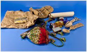 Turkish Military Interest Comprising 3 Beadwork Bags, Dagger And Scabbard, 2 Tourist Carved Spoon
