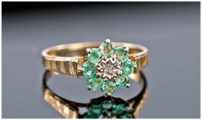 9ct Gold Dress Rings, Set With A Central Diamond Surrounded By Round Cut Emeralds, Fully