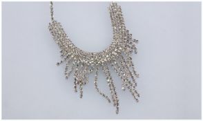 Crystal Fringe Necklace and Drop Earrings Set, V shaped bib style necklace with separate strands of
