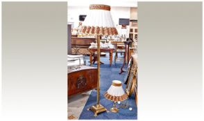 Brass Standard Lamp, Square Base Raised On Lion Paw Feet,  Together With A Brass Table Lamp, Both
