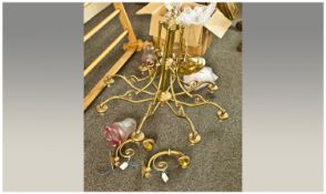 Large 8 Branch Brass Chandelier with 10 matching glass floral shades. Plus two matching wall