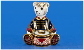Royal Crown Derby Paperweight, `Drummer Bear`. First Quality Gold Stopper. Retired 2004. 5 inches