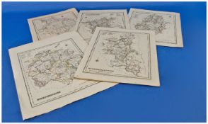 Five English County Maps From Lewis`s Topographical Dictionary. 1845. All with original colour.