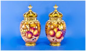 Royal Worcester Pair Of Very Fine Handpainted Pot Pourri signed large vases, complete with inner