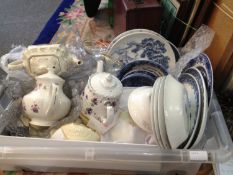 Box Of Miscellaneous. Including babycham glasses, blue and white pottery, teapots, etc.