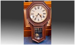 Ansonia Drop Dial Wall Clock, Oak Case, White Dial With Roman Numerals. Height 31 Inches.