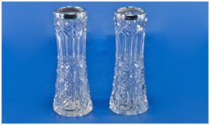Edwardian Pair Of Silver Banded Cut Glass Small Vases. Each 5.5 inches high.