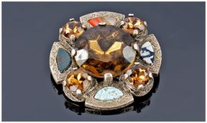 Scottish Celtic Large Agate and Glass Set Large Brooch. c.1920`s. 2.25 inches high.