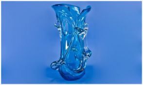 Swedish Orrefors Studio Art Glass Blue Vase. c.1960`s. Stands 15.5 inches tall. Excellent