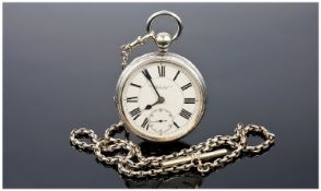 Fattorini And Son Open Faced Silver Plated Pocket Watch And Chain. Circa 1910. Working order.