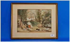 Watercolour, A Woodland Scene Disturbed By Geese, signed H. Nuttall, showing a young couple in 19th