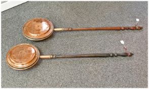 Mid Victorian Copper and Polished Wood Handles Bed Warming pans. c.1860`s, 2 in total. One 43