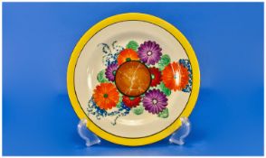 Clarice Cliff Handpainted Cabinet Plate `Gayday` Pattern. Circa 1930. 8.75`` in diameter.