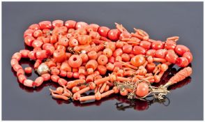 Collection Of Coral, Comprising Loose Beads, Brooch, Earrings, Bracelet + 2 Necklaces.