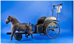 Rare Victorian Horse Drawn Governess Child Push Dolls Pram. The two horses carved wood still