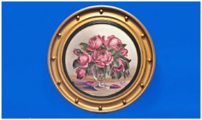 Rosina. A Gouache Of Pink Roses In A Glass Vase. In the original decorative porthole frame with