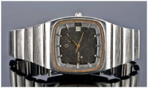 Omega 1970`s Constellation Date Just Brushed Steel Wrist Watch. Black dial. Working order.
