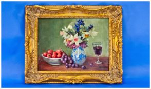 S. Shackleton Still Life Of Flowers In A Vase. Strawberries, grapes, and a glass of wine. Oil on