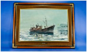 Keith Sutton, 1924-1991 Oil on Board. Titled `Wyre Revenge, Fleetwood Trawler`. Signed and dated