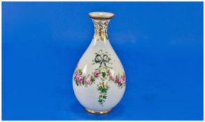 Worcester Vase Decorated with Images of Garlands and Pink Roses on a White Ground. Printed mark for