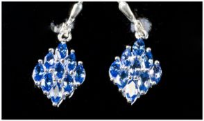 Tanzanite Pair of Lozenge Shape Cluster Earrings, each cluster made up of nine marquise cut