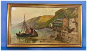 Framed Victorian Watercolour. `Seascape, with two fishing boats on a Shoreline`. Possibly Cornish.
