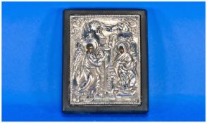 Greek Silver Icon Of Mary And Angel. Finely embossed with painted faces. Stamped silver 950. Size