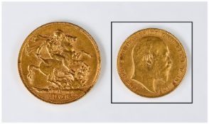 Edward VII 22ct Gold Full Sovereign, Date 1906 Perth Mint. N.E.F. 7.99 grams.