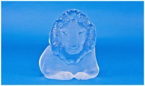 Glass Model Of A Reclining Lion, polished and mat finishes with a flat back. Signed to base.