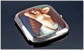 Edwardian Silver Enamelled Cigarette Case, The Hinged Front Showing An Enamelled Painted Scene Of A