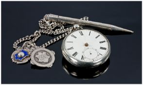 A Silver Double Albert Chain and Pocket Watch with attached silver cased pencil and fobs medal.